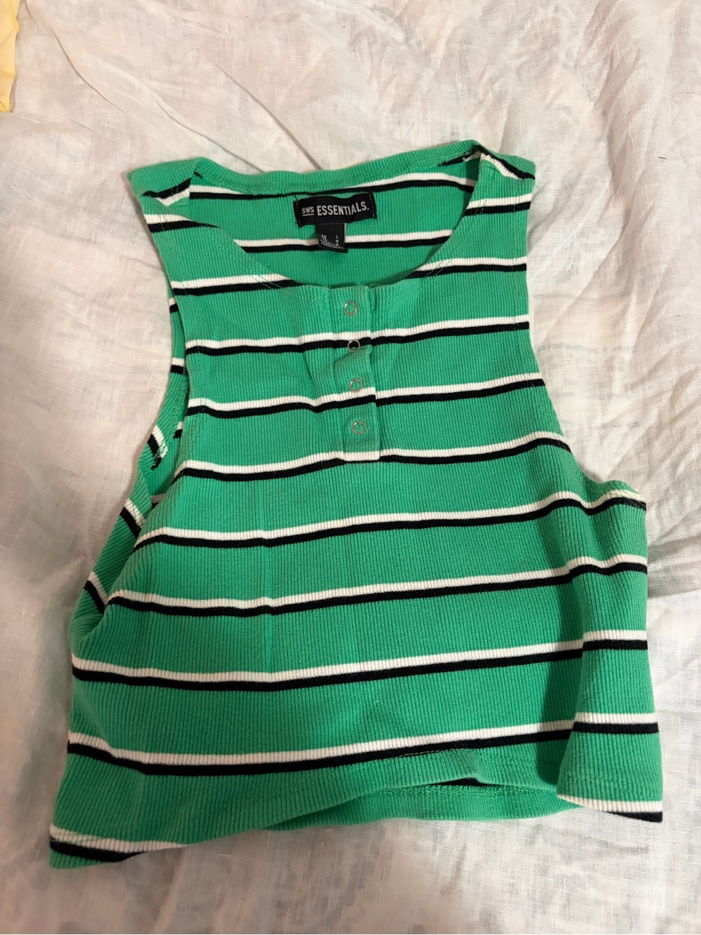 Essentials Green Striped Ribbed Henley Crop Tank